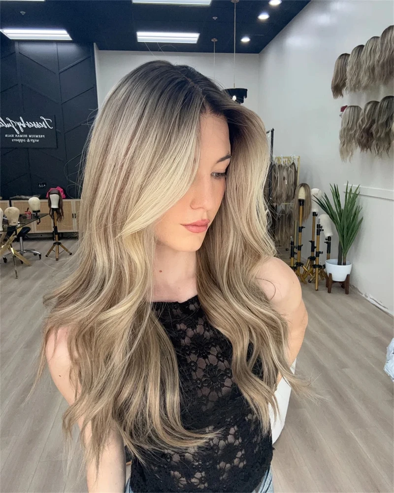 New Natural Dark Highlights Golden Blonde Wig Synthetic Lace Front Wig Glueless Pre Plucked Heat Resistant Fibre Long Wig Sale