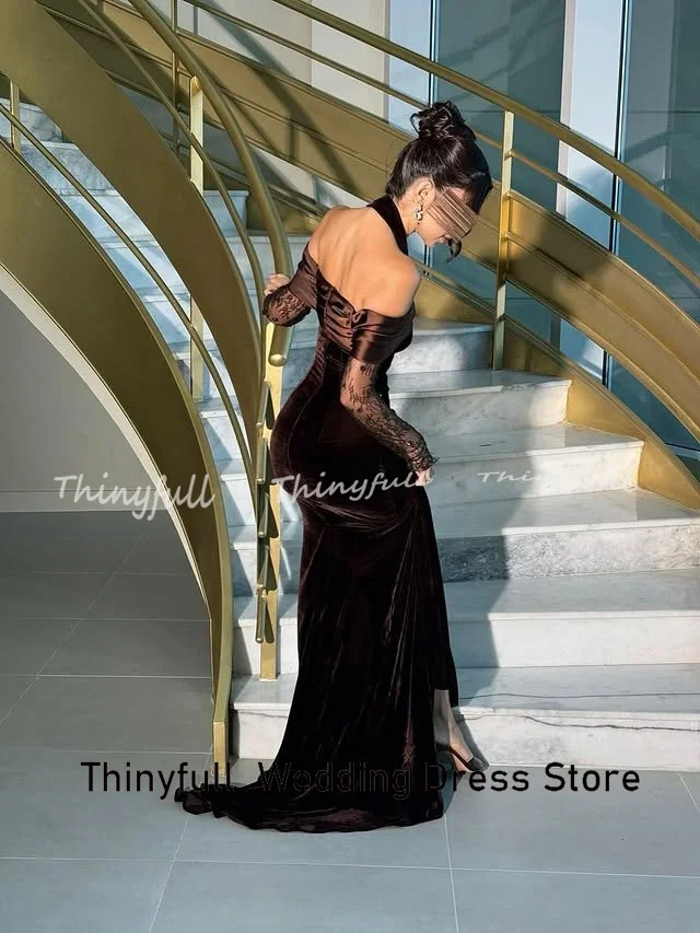 Thinyfull Mermaid Off Shoulder Arab Prom Dresses Velvet/Lace Long Sleeves Evening Gown Formal Dress robes de soirée Customized