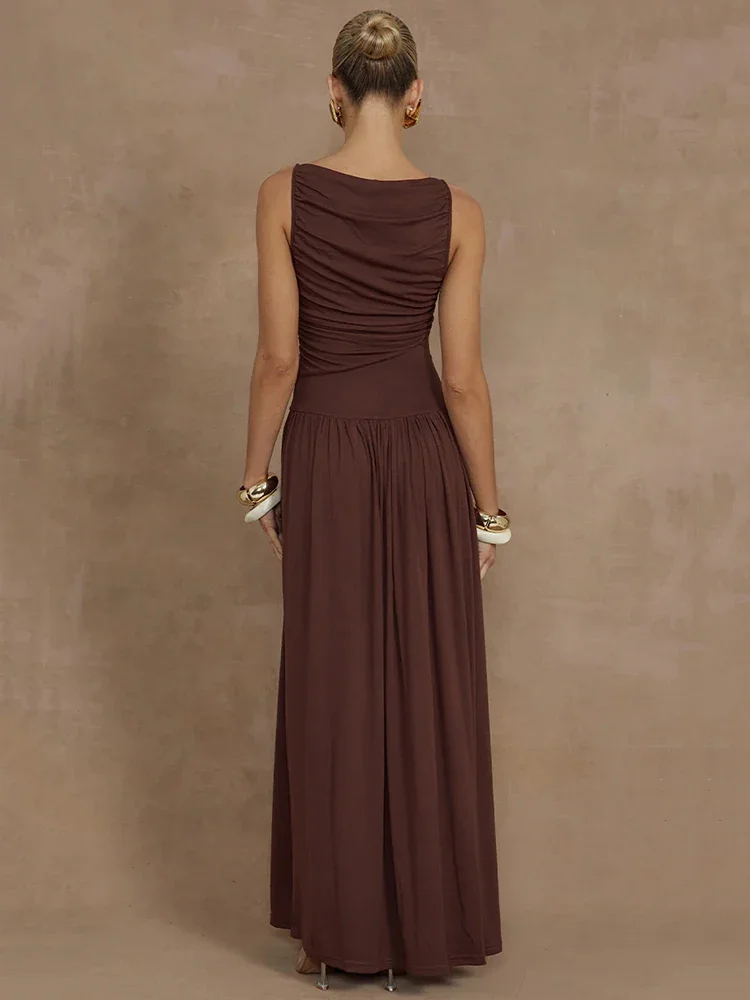 Elegant Sleeveless Maxi Dress For Women Fashion Solid Boat Neck Tank Dresses Ladies Sexy Ruched Long Dress New Gown
