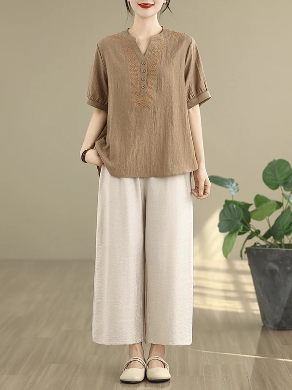 2025年夏 レディース コットンリネン 刺繍入りトップス ハイウエスト ワイドレッグパンツ ツーピースセット おしゃれ 快適 通気性
