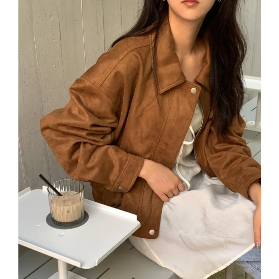 معطف نسائي أنيق من جلد الغزال لراكبي الدراجات النارية طويل Sve فضفاض مناسب للخريف والشتاء متعدد الاستخدامات ملابس خارجية للتخسيس معطف للسيدات