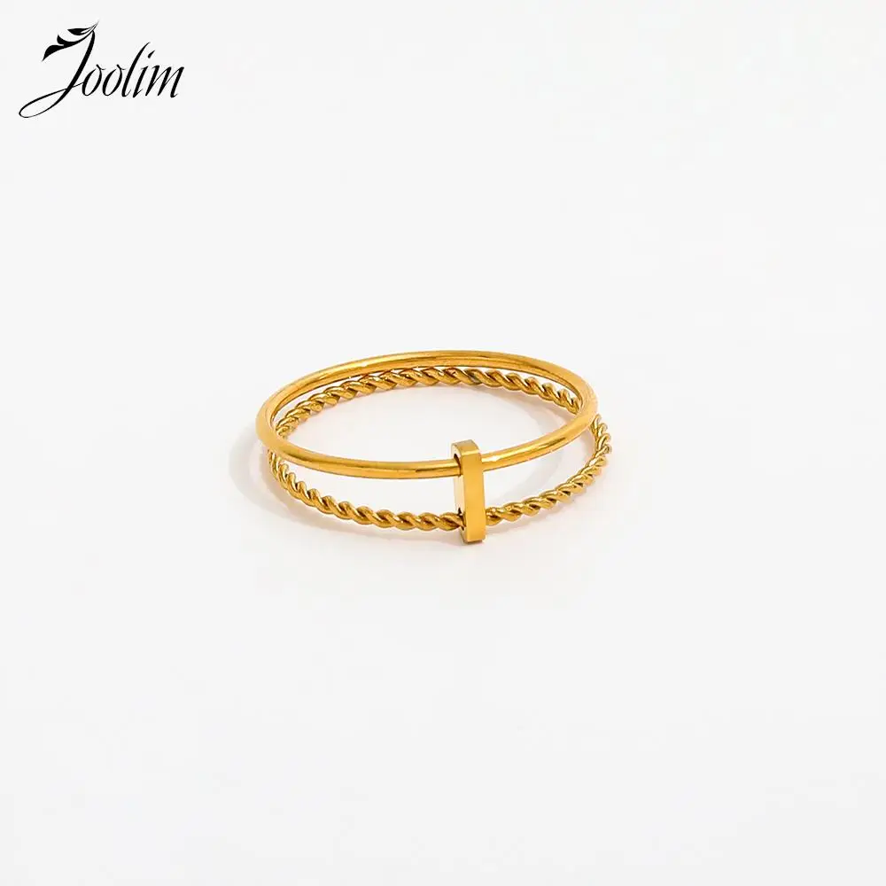 Joolim Jewelry Wholesale High End PVD No Fade Retractable Personality Two Circle Twisted Stainless Steel Finger Ring for Couple