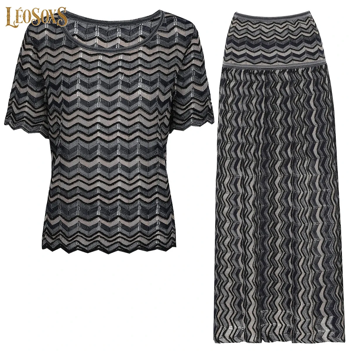 LEOSOXS HighQuality Summer New Temperament Commuting Wave Pattern Round Neck Knitted Women Top And Skirt TwoPiece Set