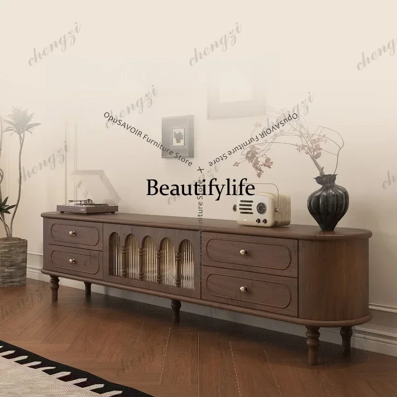 smt45 French Retro Solid Wood TV Stand Full Walnut Color Mid-Century Media Console, Tall Living Room Storage Cabinet Furniture J