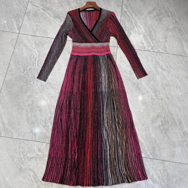 فستان محبوك ذو ألوان متباينة على الطراز الأوروبي الأمريكي بخيط أوروبي وأمريكي مخطط وخصر متباين وأكمام طويلة متطابقة مع فستان رسمي عالي المرونة