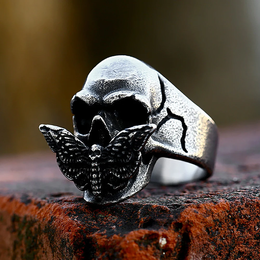 Gothic Creative Black Moth Death Skull Ring for Men Women 316L Stainless Steel Skull Rings Fashion Punk Goth Jewelry Accessories