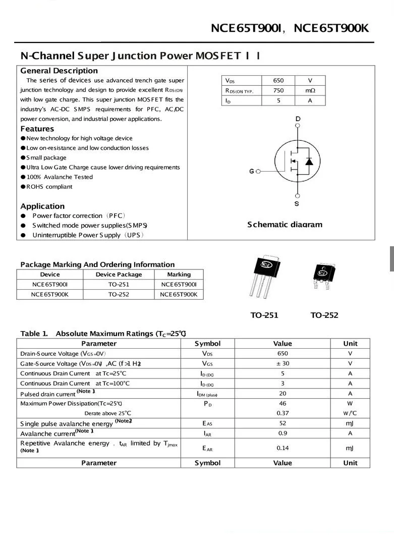 Free Shipping 10PCS NCE65T900K NCE N-Channel Super Junction  Power MOSFET II TO-252 MOS