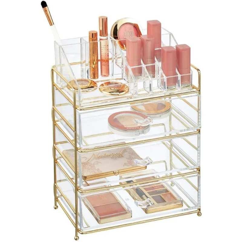 

Plastic Cosmetic Organizer Storage Station with 3 Drawers and 16 Divided Sections6 x 9.5 x 16.5 Soft Brass/Clear