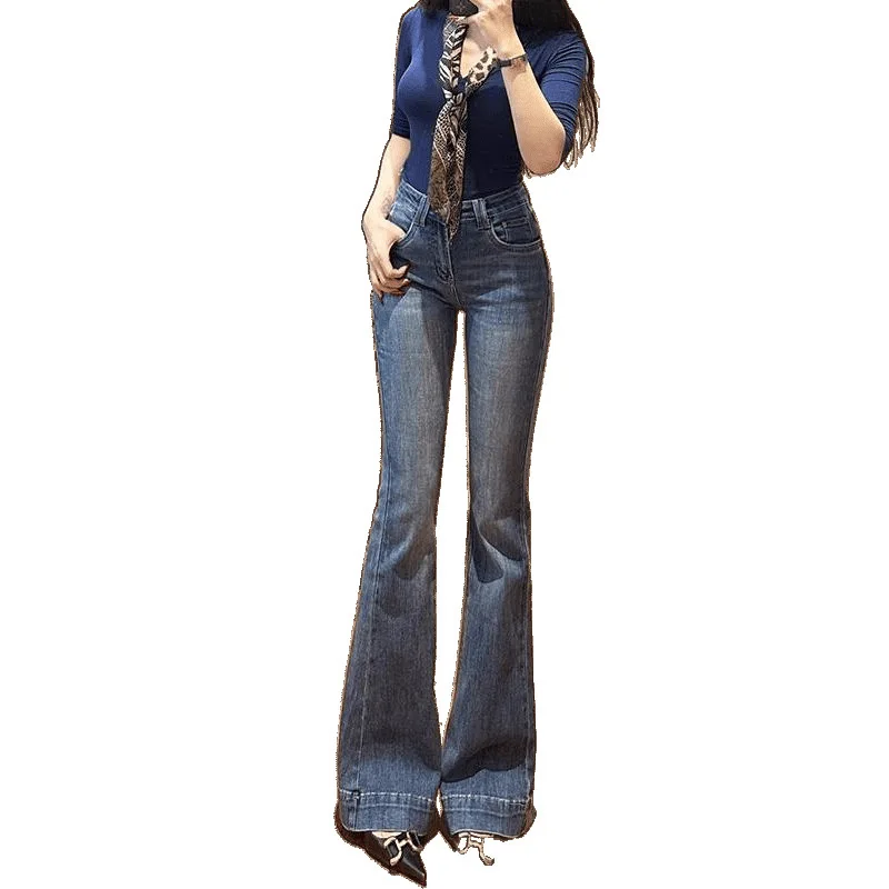 2025 Otoño Invierno pantalones vaqueros acampanados oscuros para mujer con forro polar cintura alta ajuste ajustado levantamiento de glúteos alargamiento de piernas