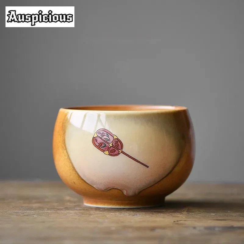 200ml Antique  Soda Galze Coarse Teacup Dunhuang Wall Painting Circular Fan Ceramic Tea Bowl Puer Master Cup Coffee Mug Gift