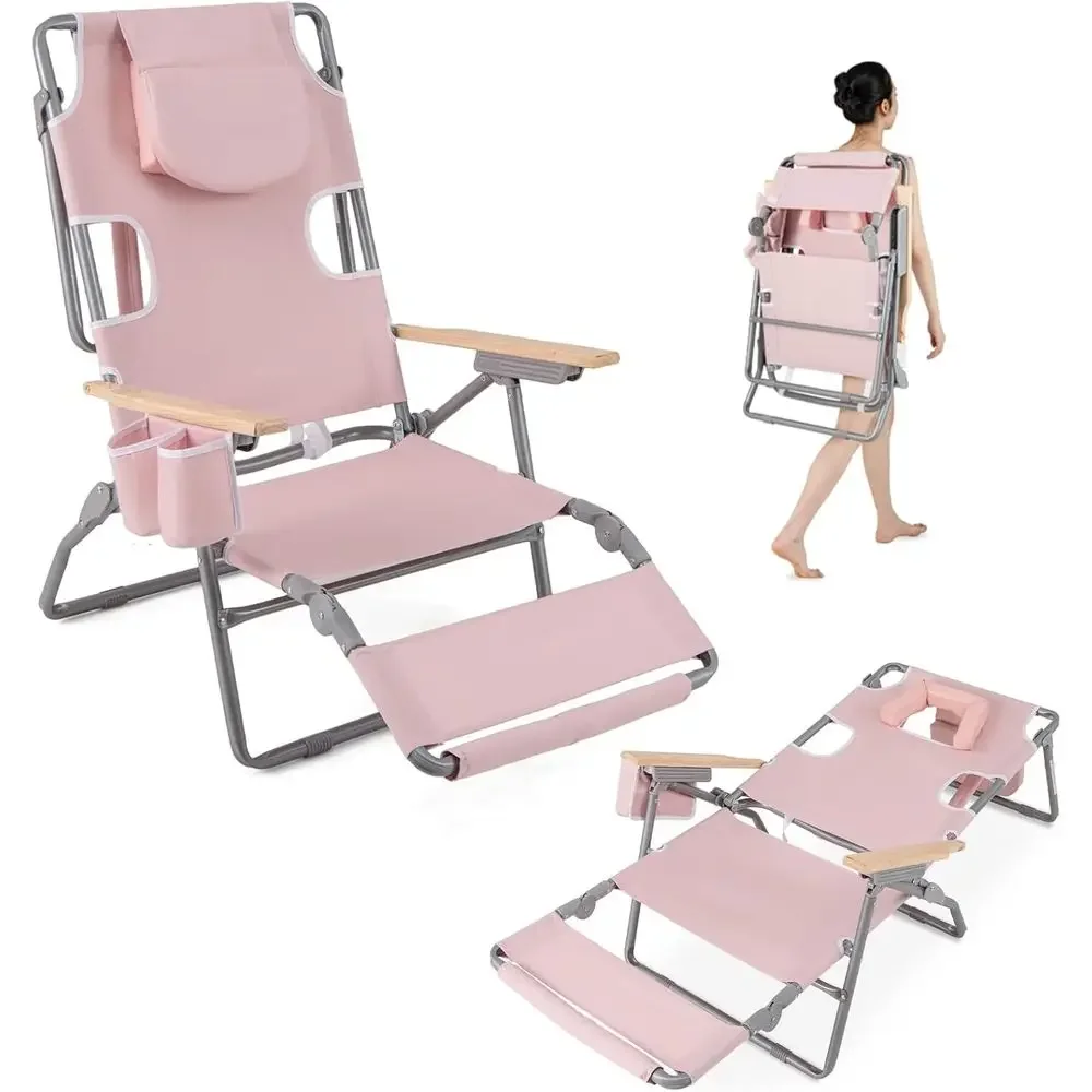 3-in-1 Folding Beach Lounger with Armrests, Cup Holders, and Armholes, Holds Up to 330 lbs, Ideal for Outdoor, Patio, Poolside,