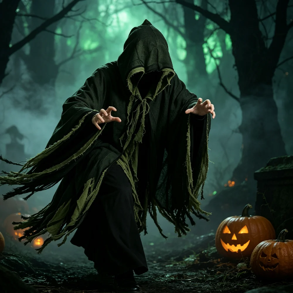Costumi/accessori horror con cappuccio rovinato per Halloween: zombie, spaventapasseri, mago, pirata, feste a tema RPG, casa delle spaventole, costumi da adulto con cappuccio e corda, costumi da