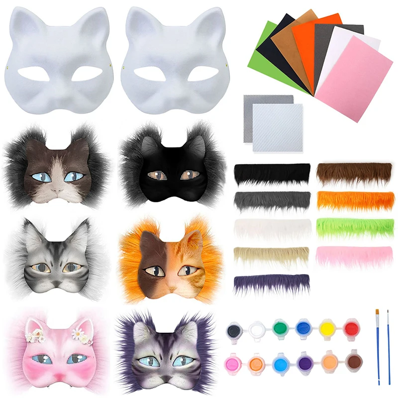 DIY Party Masks 3Pcs/Set - Half-Face Cat & Fox Design; Therian Graffiti Style; Handmade Mask Kit.