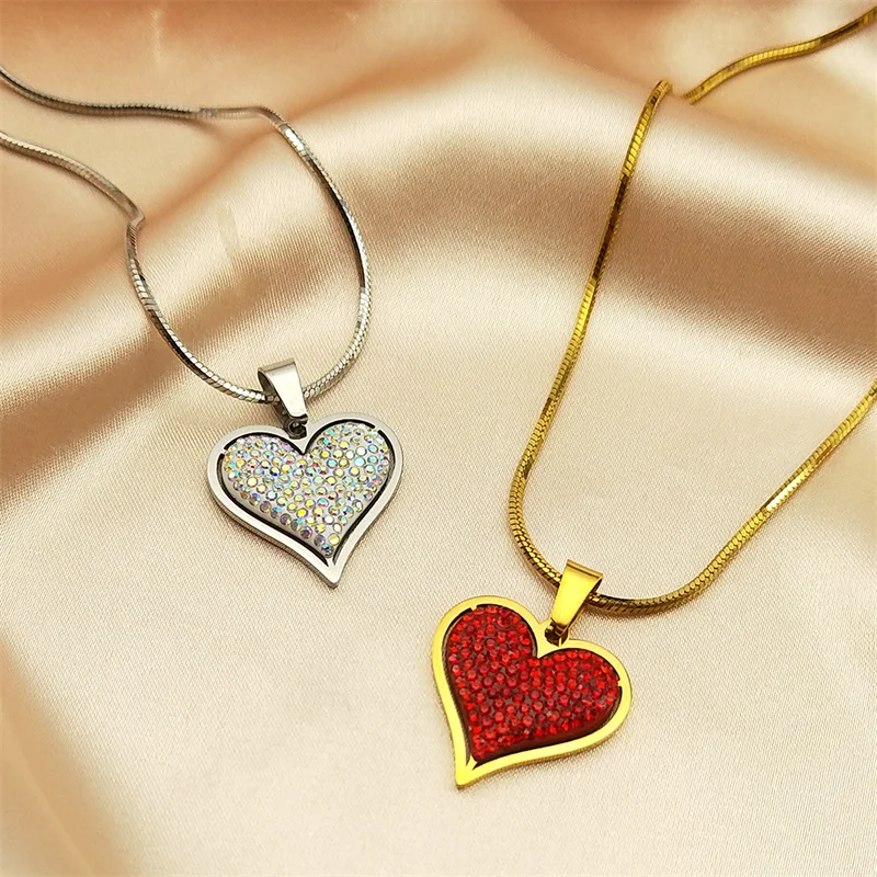 Elegant Red Crystal Love Heart Necklace for Women Girl Stainless Steel Gold Color Exquisite Choker Chain Jewelry 8334-QKC