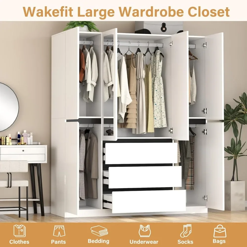 6 Door Armoire Wardrobe Closet with Large 3 Drawers & 2 Mirror, Wooden with Shelves and Hanging Rod, Freestanding Wardrobe