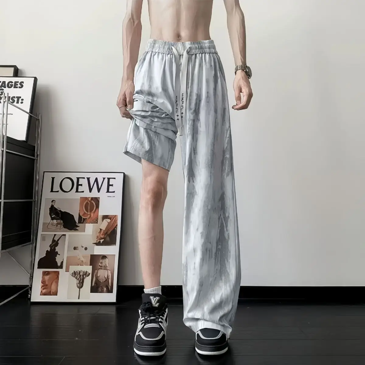 Men's Summer Tie-Dye Quick-Dry Casual Pants Thin Loose Straight Ice Silk Trendy Draped Wide-Leg Trousers