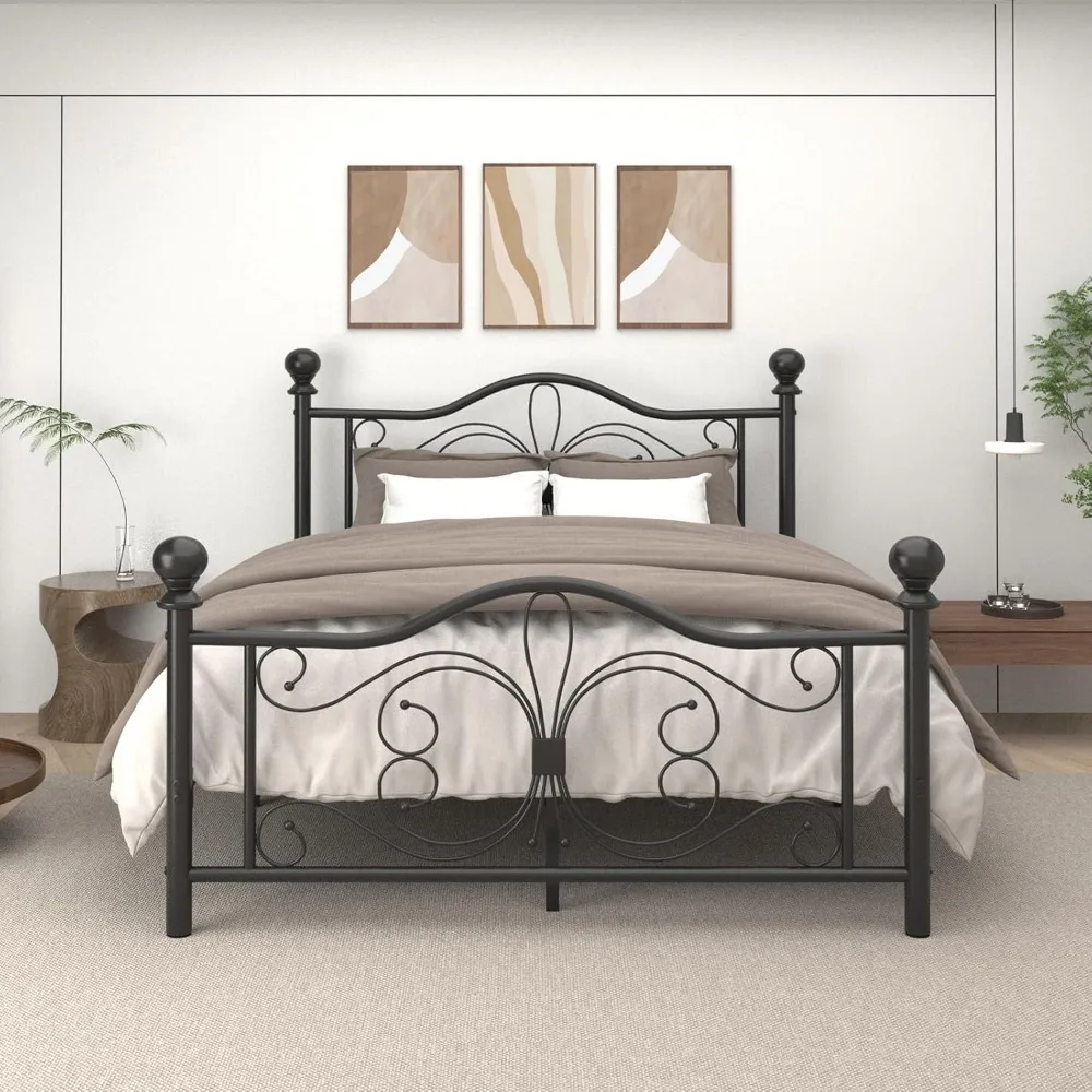 

Queen Size Bed Frame, Metal Platform Bed with Headboard, Butterfly Pattern Design Headboard & Footboard, Strong Metal Slat Suppo