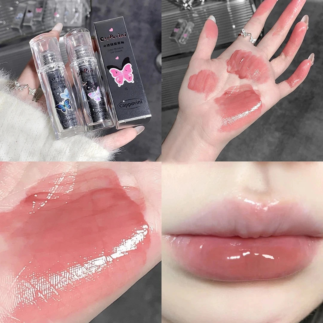 Gelado Espelho Lip Glaze, Alto Brilho, Hidratante, De Longa Duração, Sem Desbotamento, Batom Líquido Borboleta, Maquiagem Sexy Lábios Vermelhos, Cosméticos