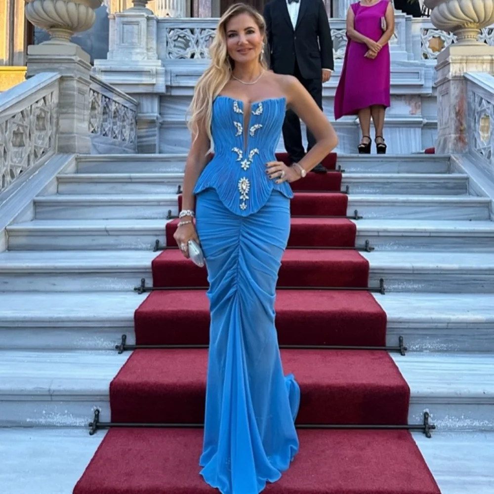 

Customized Chiffon Rhinestone Pleat Temperament Strapless Mermaid Long Dresses Bespoke Occasion Celebrity Dress Sparkle Charming