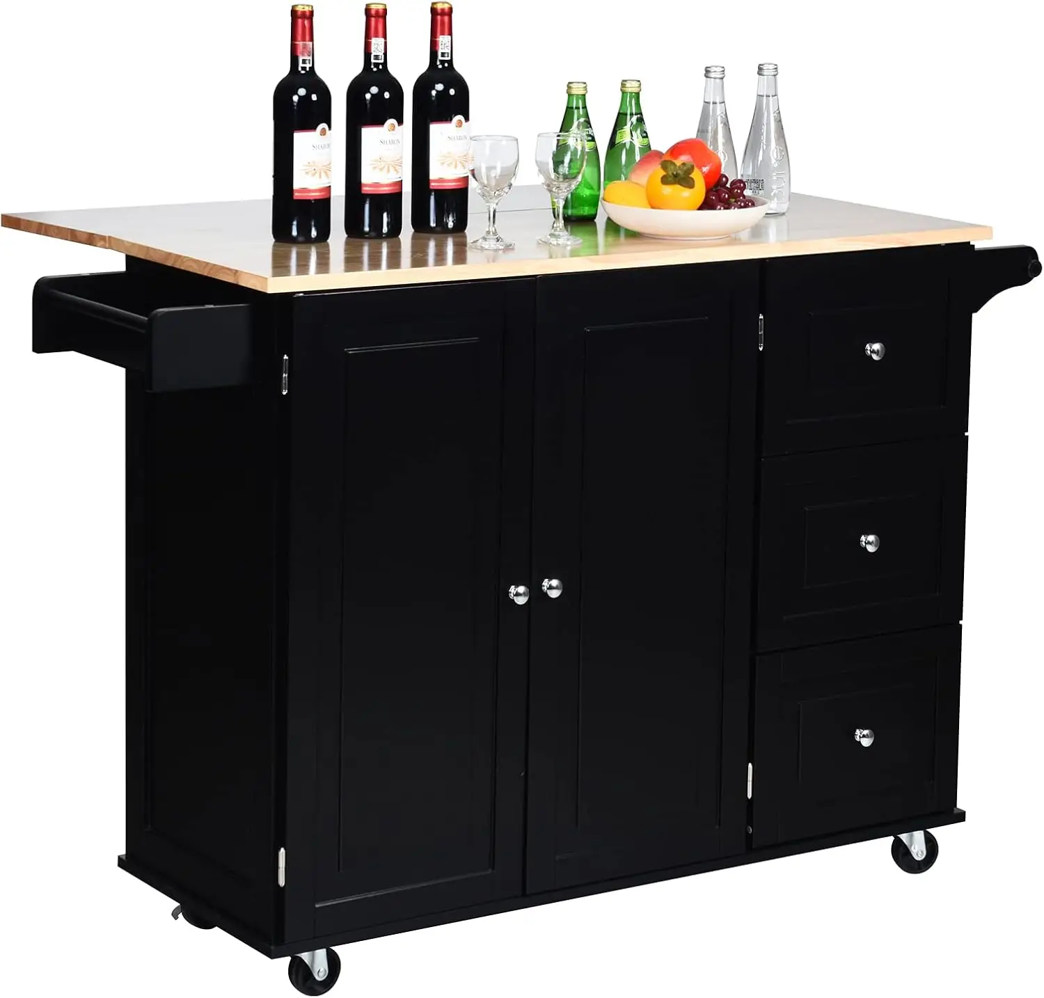 Kitchen Island Cart on Wheels, Rolling Kitchen Island with Drop Leaf Top, Kitchen Trolley Cart with Drawers, Towel Rack &