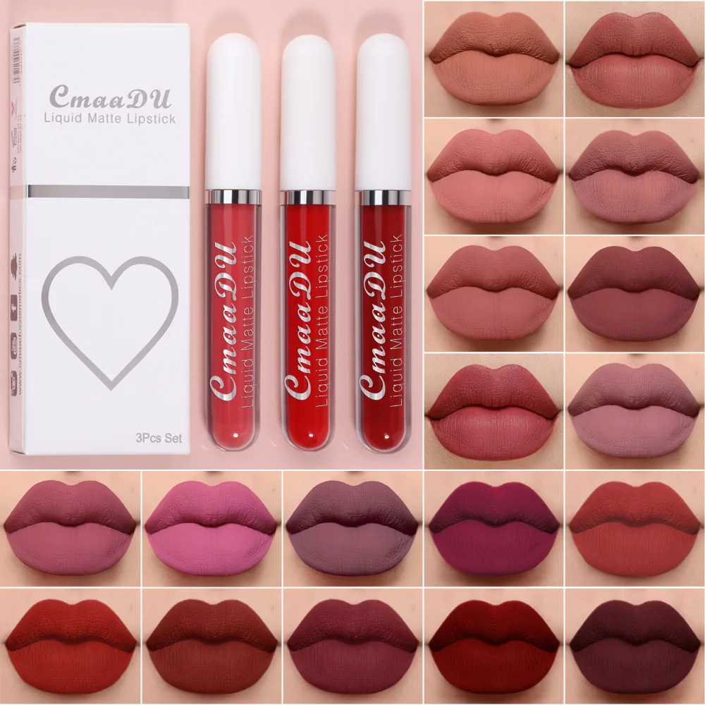 3 Color / Set Sexy Long Lasting Velvet Matte Liquid Lipstick Makeup Women Beauty Red Nonstick Cup Waterproof Lip stick Lip Gloss