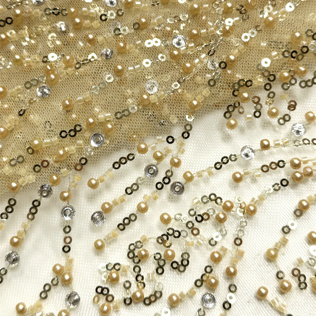 

Yellow Botanical Line Lace Fabric 1 Yard Nigerian Tulle Beaded Sequins Embroidery High Quality Lace for Party Dress Sewing