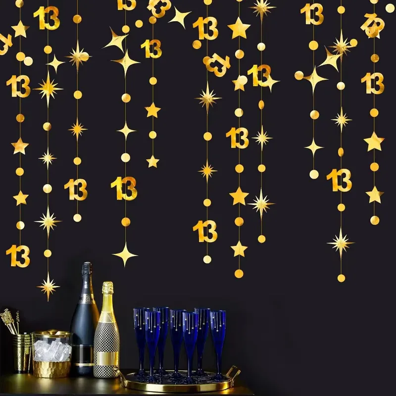 Gold 13th Birthday Number 13 Circle Twinkle Star Garlands Streamer Backdrop for Girls Boys Happy 13th Birthday Party Decorations