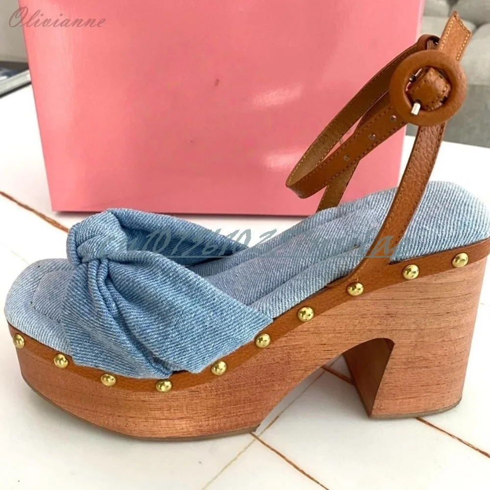 Blauwe denim vlinderknoop decor elegante sandalen dikke hoge hak feestklinknagels decor damesschoenen sexy 2026 zomer hot para mujer
