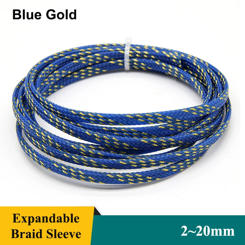 

1~50m Blue Gold PET Braid Sleeve 2/4/6/8/10/12/14/16/20mm High Density Sleeving Snake Skin Cable Wrap Sheath For Electric Cables