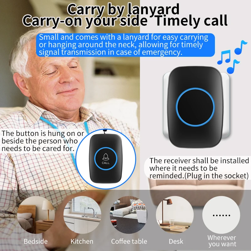 CACAZI Smart Home Wireless Pager Old Man Patient Emergency Medical Alert System SOS Button Remote Call Bell US EU UK AU Plug