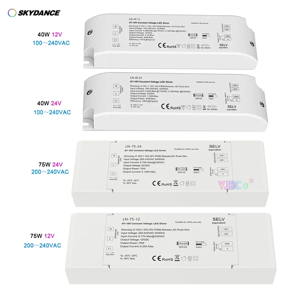 

Skydance 40W 75W 12V 24V 0-10V or 1-10V Dimming LED Driver Single color LED strip 220V 10V PWM AC Push-Dim Dimmable Power Supply