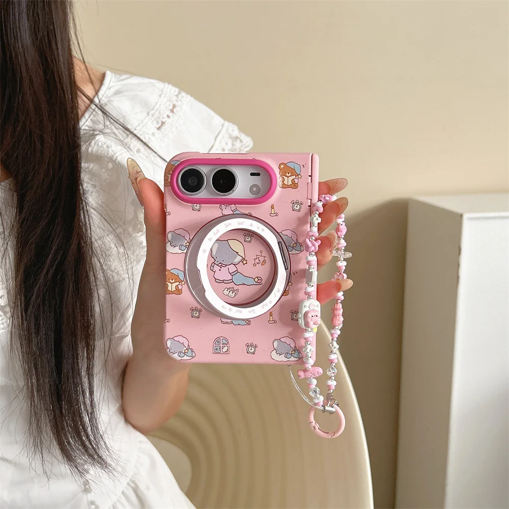 Korean Cute pink Elephant Folding Phone Case For iPhone Duo With Chain  360° Magnetic Stand Shockproof cases For Magsafe