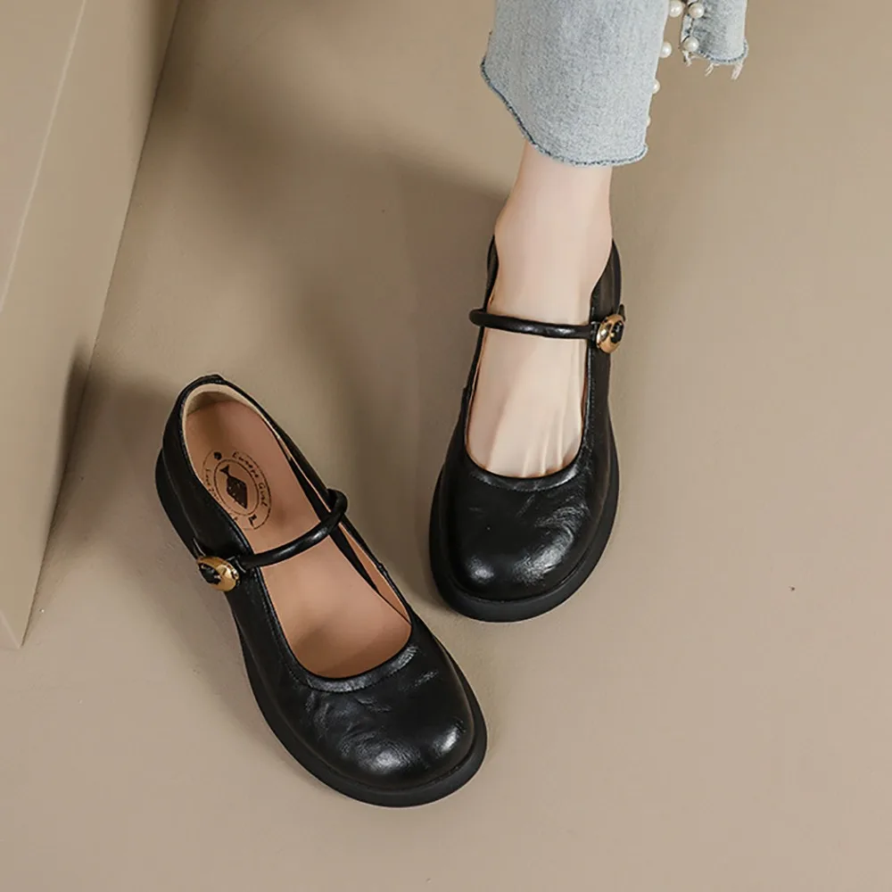 

Casual Leather Mary Jane Shoes Low-heel Round Toe Female Footwear Comfortable Shallow Mouth Ballet Flats Travel