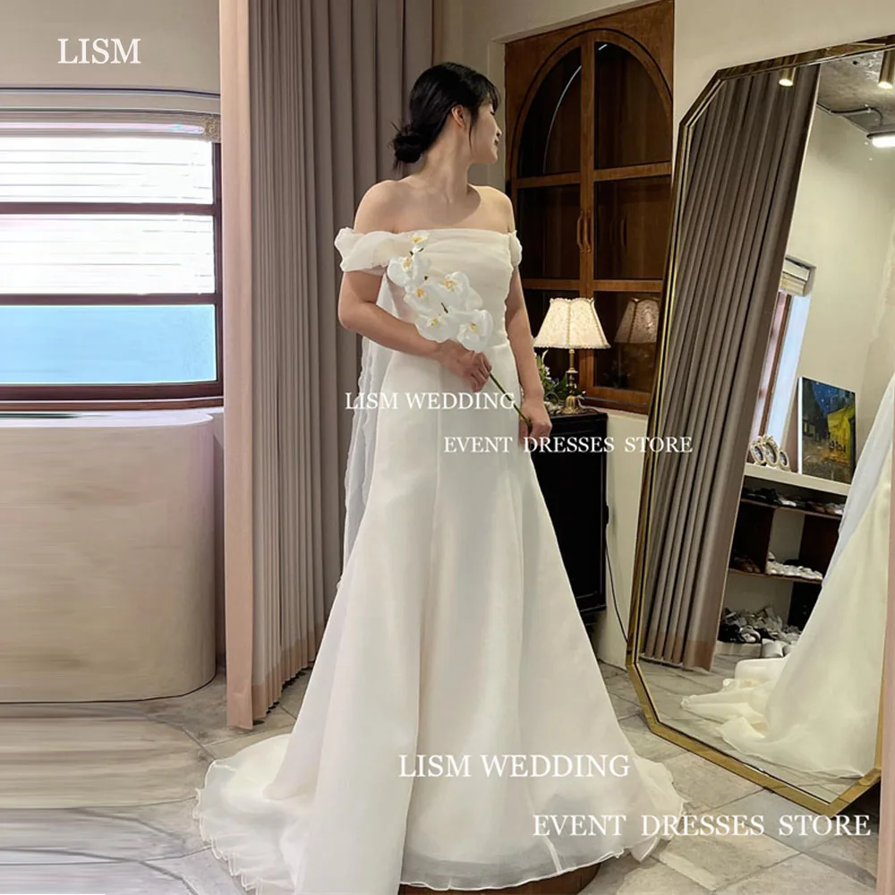 

LISM Fairy Tulle Off the Shoulder Korea Wedding Dresses Boat Neck Corset Backless Floor Length Backless Bridal Gowns Photo Shoot