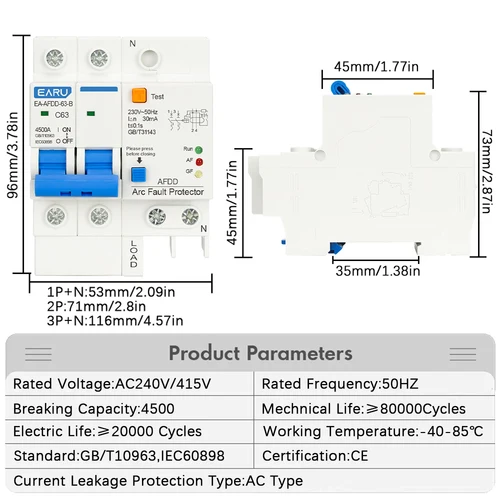Imagen 2 del producto AFDD 1P + N 2P 3P + N AC 230V Protector de arco de fallos disyuntor interruptor principal RCBO MCB protección contra fugas de sobrecarga de cortocircuito