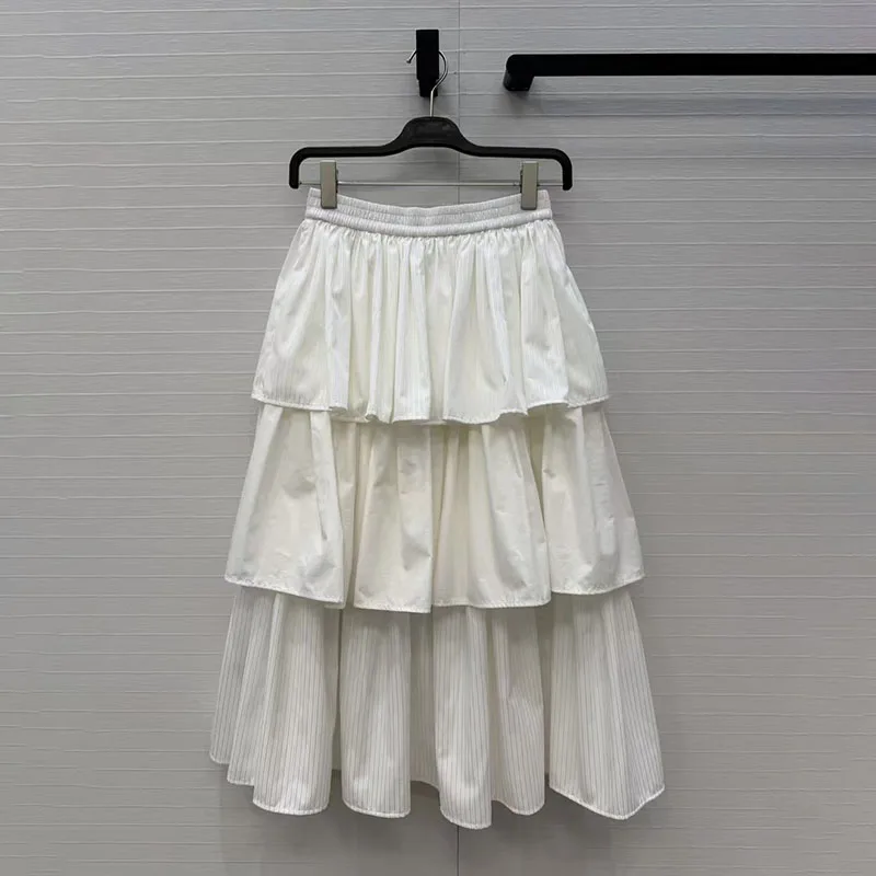 Women's White Cake Skirt, Casual Versatile Ruffle Cascading Midi Skirt, High Quality Cotton Commuter Skirt, 2026, New, y2k;