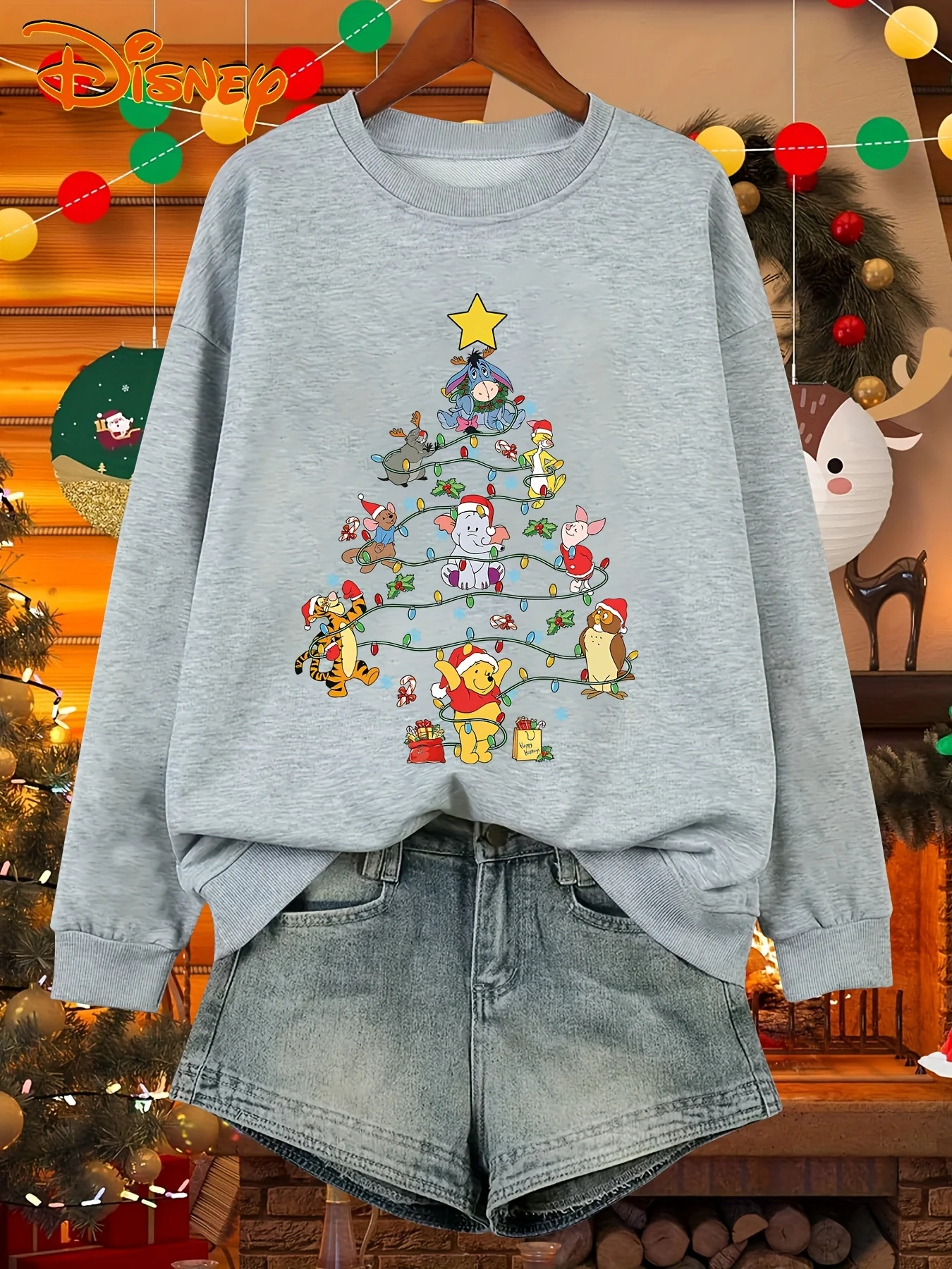 เสื้อสเวตเตอร์ผู้หญิงลายดิสนีย์วินนี่เดอะพูห์สำหรับคริสต์มาส แฟชั่นทรงโอเวอร์ไซส์ คอกลม ใส่ได้ทั้งชายและหญิง เหมาะสำหรับฤดูใบไม้ร่วงและฤดูหนาว ผ้าฟลีซ สวมใส่สบาย