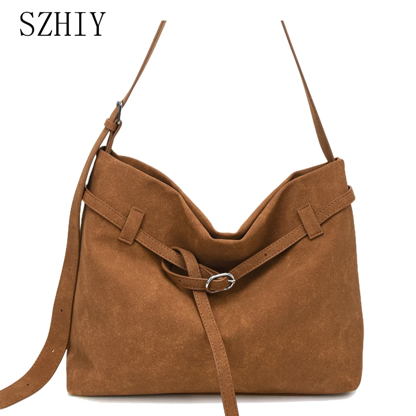 

Винтажная женская сумка большой вместимости, роскошная дизайнерская замшевая сумка на плечо, осенне-зимняя повседневная офисная сумка через плечо с украшением на поясе