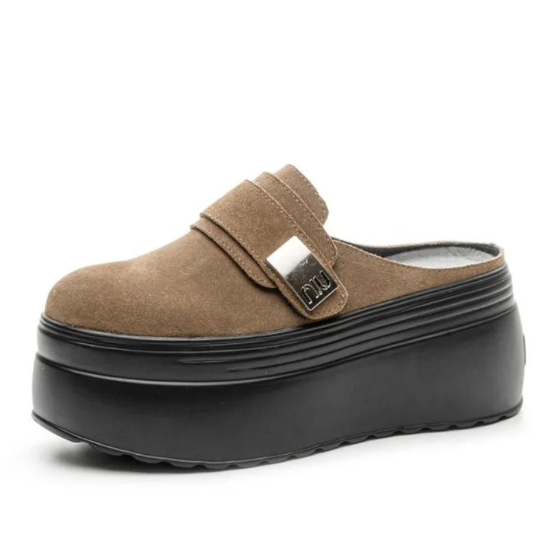 

8 см замшевые модные тапочки из натуральной кожи с круглым носком, женские весенне-летние туфли на плоской подошве на платформе, модная осенняя обувь на танкетке