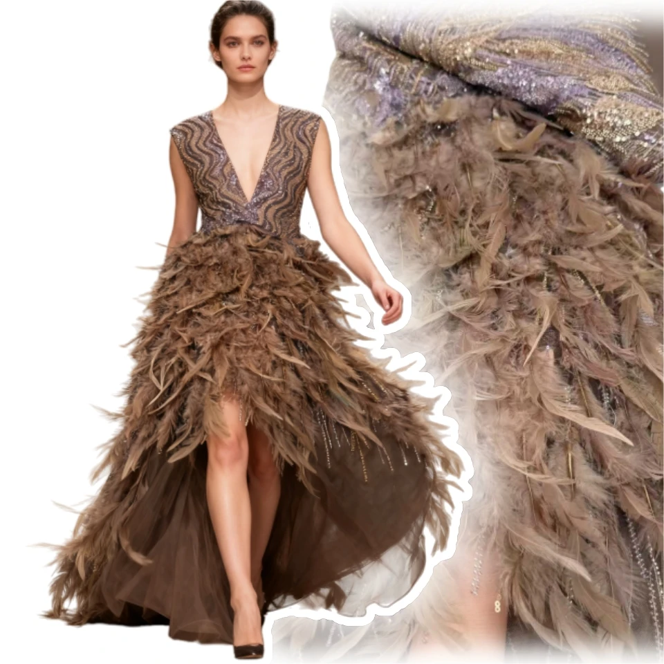 

Роскошное платье ручной работы с 3D аппликацией из перьев, модное африканское сетчатое кружево с бисером, французская ткань, сетчатое кружевное вечернее платье TP1809