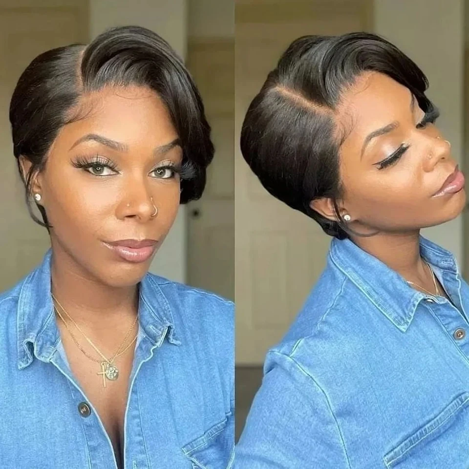 Sleek Short Pixie Cut Bob Wigs Lace Front T Part Human Hair Wigs Black Dark Wigs Brazilian Straight Blond 613 Remy Human Hair