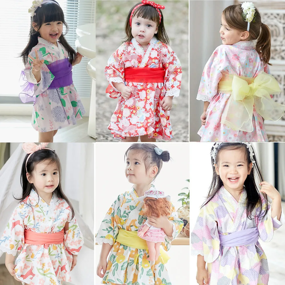 Vestido tipo kimono japonés con estampado floral rojo, cinturón Obi Yukata, ribete de encaje, disfraz de verano para niñas para las fiestas
