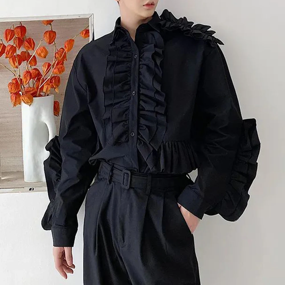 

Mens Court Style Three-Dimensional Ruffled Shirt 2024 New Autumn Genderless Fashion Medieval Steampunk Stage Clothing Unisex