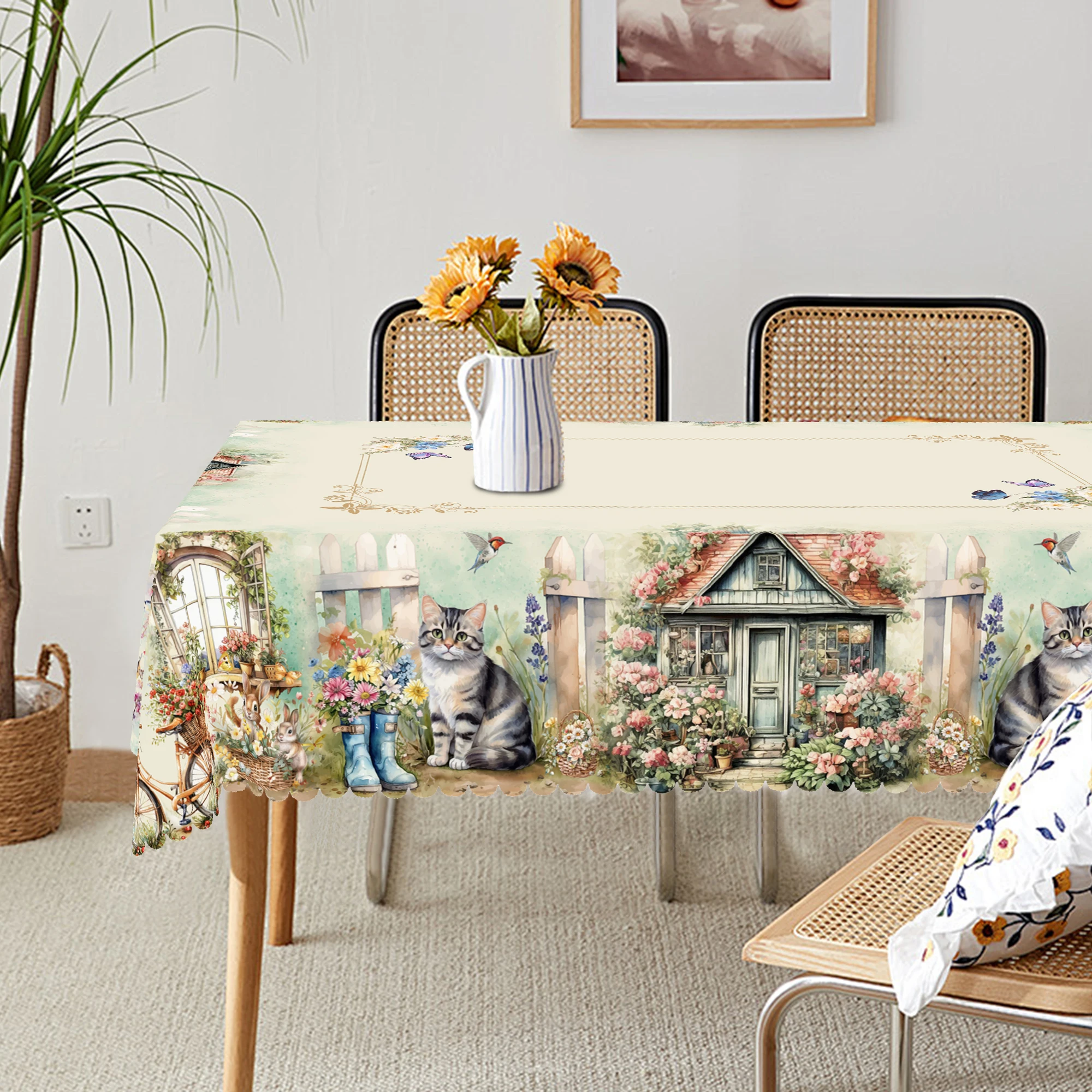 1 pezzo di tovaglie rotonde con stampa floreale in stile pastorale primaverile, 5 dimensioni, fiori, farfalle, conigli, tovaglie rettangolari con motivo stampa gatto, festival, tovaglie da cucina per la casa, uso interno ed esterno, decorazioni per la casa