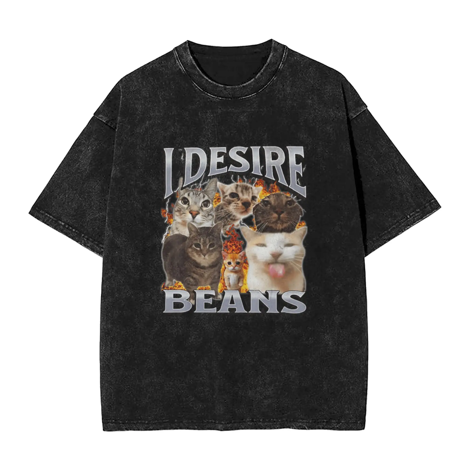 I DESIRE BEANS Funny Cat Meme Food Humor Cute Animal Unique Chic A Washed T Shirt Men's Women's Oversized Cotton Tees Tops