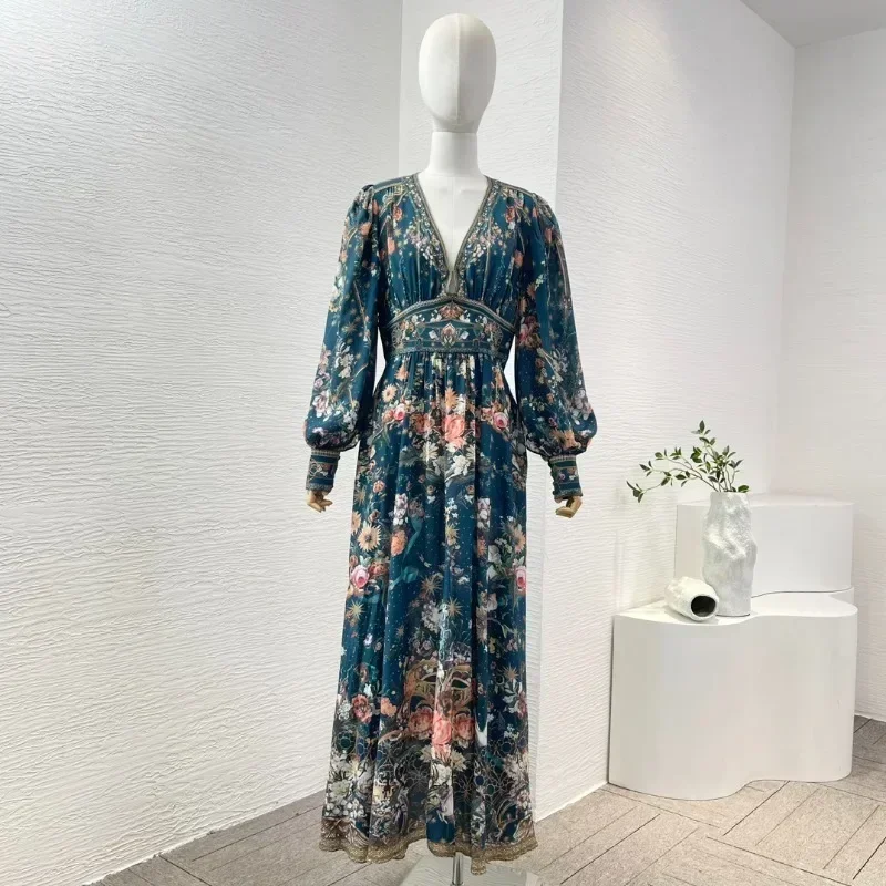 Woman Nvay Blue Floral Print Diamonds Pressed Long Sleeeve Deep V Neck Midi Holiday Dress for 2024 New Arrivals