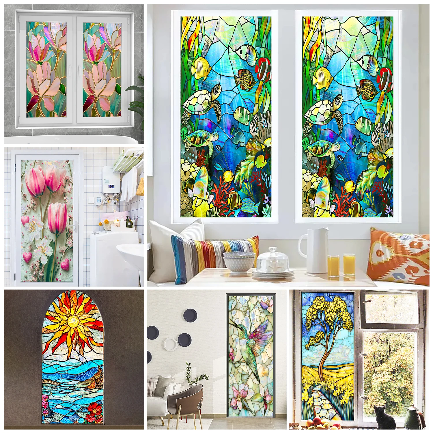 Rainbow Flowers Suncatcher Window Privacy Film UV Protection Glass Static Cling Decor for Bathroom Door Kitchen