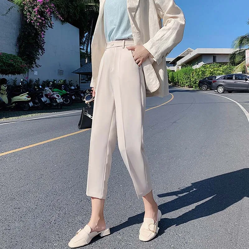 

Suit Pants Woman High Waist Pants Office Lady Harem Pants Women Trousers Black Beige Korean Fashion High Quality Capris