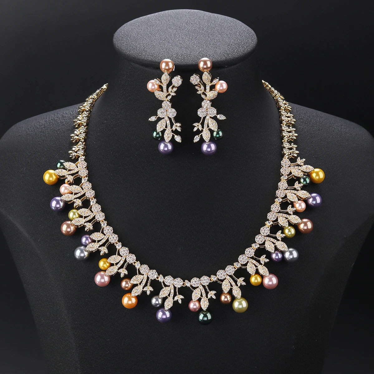 

4 Colours Beautiful Fashion White Cubic Zirconia Pearl Necklace Bridal Wedding Jewelry Set for Women Party Jewelry Gift CN11576