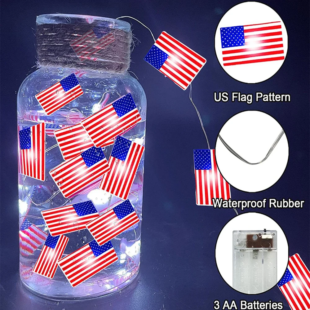 American Flag Light String Independence Day Celebration Decoração String Luzes Operadas Lâmpada LED para Indoor Outdoor Home Garde